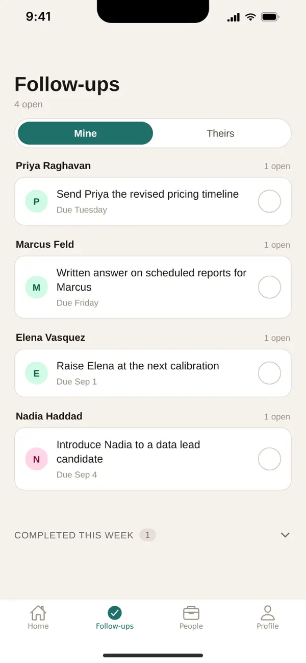 PplBrief on iPhone showing follow-ups from conversations with Priya, Marcus, Elena, and Nadia